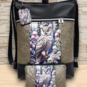 Hóbagoly mintás 3in1 textilbőr hátizsák szett fekete-platina táska-neszi-kulcstartó