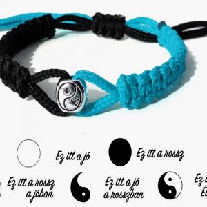 Jin-jang (yin-yang) egyensúly kabala makramé karkötő fekete-türkiz