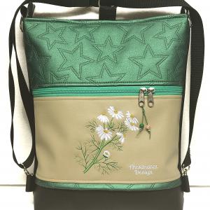 Kamillák hímzett 3in1 hátizsák univerzális táska fekete-drapp-zöld