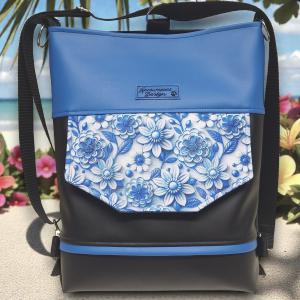 Kék virágok EMILI 3 funkciós hátizsák oldaltáska Fekete-kék