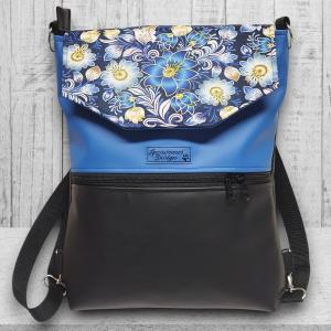 Kék virágos fedélrészes 3in1 hátizsák univerzális táska fekete-kék alapon