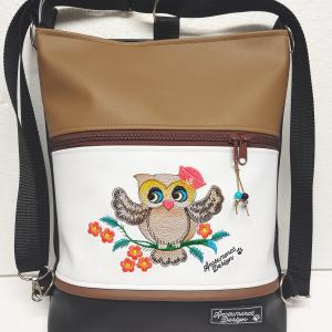 Kisbagoly faágon 3in1 hímzett hátizsák univerzális táska fekete-fehér-barna