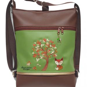 Kisróka a mesebeli erdőben 3in1 hímzett hátizsák univerzális táska kakaóbarna-zöld