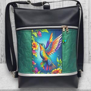 Kolibri madár 3in1 textilbőr hátizsák oldaltáska fekete-zöld