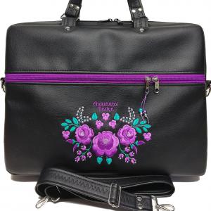 Laptop táska Irattartó táska HungarianFolkart12 lila hímzéssel fekete alapon