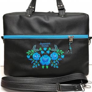 Laptop táska irattartó táska HungarianFolkart12 türkiz hímzéssel fekete alapon
