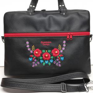 Laptop táska irattartó táska HungarianFolkart15 fekete alapon színes hímzéssel