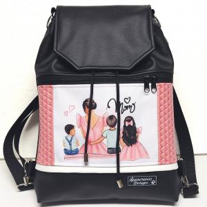 Love Mom 01 - Fedélrészes zsinóros 3in1 hátizsák univerzális táska - Fekete-3D rose