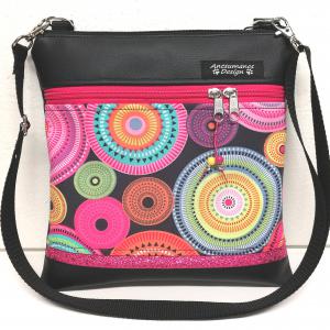 Mandalás oldaltáska övtáska 25x25 fekete alap pink díszítéssel