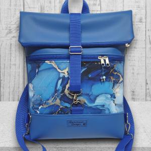 Márványmintás kék Roll Up Maxi dupla pántos hátizsák sok zsebbel