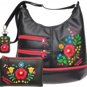 MAXI méretű hímzett sokzsebes textilbőr pakolós táska szett Hungarian Folkart06 textilbőr pánttal