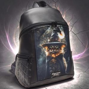 MAXIM BackPack L hátizsák - Bájos boszorkánycica fekete alapon textilbőr pántokkal 36x30x16