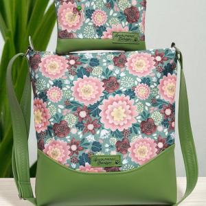 Melanie pakolós válltáska oldaltáska - Ani virágai zöld alapon textilbőr vállpánttal neszivel