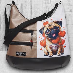 Mopsz kutyás MAXI méretű sokzsebes textilbőr pakolós táska fekete-púder