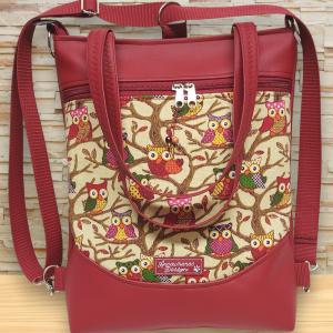 Mosolyvonalas 4in1 hátizsák univerzális táska textilbőr kézifülekkel Bájos baglyok bordó alapon
