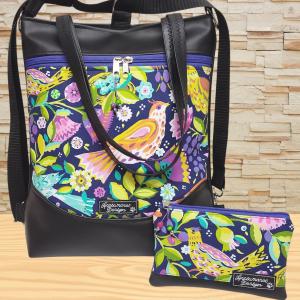 Mosolyvonalas 4in1 hátizsák univerzális táska textilbőr kézifülekkel Madárkák fekete alapon neszivel