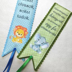 Motívációs filc könyvjelző szett gyerekeknek (2darab) fiúknak kék-zöld elefánt-oroszlán