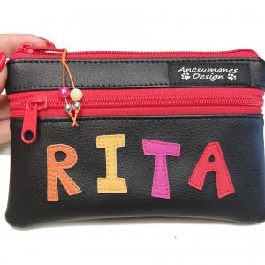 Neves kétrekeszes textilbőr pénztárca neszeszer női név piros cipzár