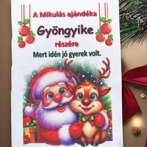 Névre szóló Mikulás zsák textilpanel A5 méret (Mikulás-rénszarvas)