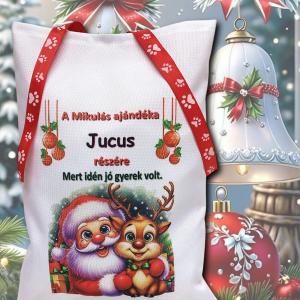 Névreszóló mikulászsák piros kötővel Mikulás és rénszarvas