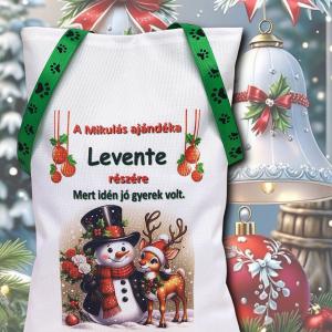 Névreszóló mikulászsák zöld kötővel Hóember és rénszarvas