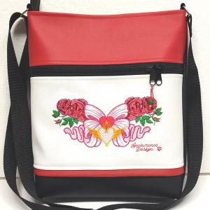 Női 26x30 crossbody oldaltáska - Hímzett Fantasy Flower 002 Fekete-fehér-piros
