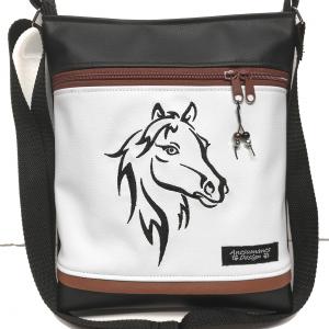Női 26x30 crossbody oldaltáska - Hímzett ló fekete-fehér alapon