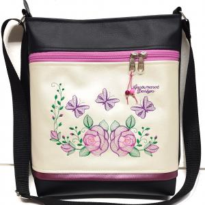 Női 26x30 crossbody oldaltáska - Hímzett rózsák és pillangók fekete-pezsgő