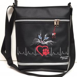 Női 26x30 crossbody oldaltáska - Szívdobogás Hímzett EKG szív tappancs cica