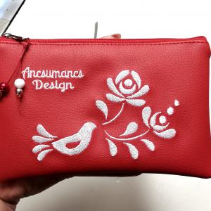 Piperetartó neszeszer pénztárca- hímzett madárkás piros-fehér