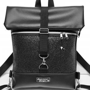 Roll Up Maxi dupla pántos hátizsák sok zsebbel - Elegáns fekete - kristályos fekete , ezüst cipzárral