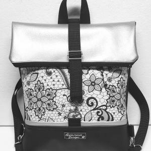 Roll Up Maxi dupla pántos hátizsák sok zsebbel - Fekete ezüst csipke mintával