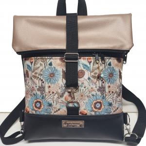 Roll Up Maxi dupla pántos hátizsák sok zsebbel - Fekete gyöngyházpúder folk virágokkal