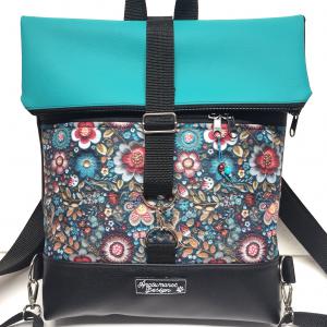 Roll Up Maxi dupla pántos hátizsák sok zsebbel - Fekete - türkíz folk virágokkal