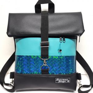 Roll Up Maxi dupla pántos hátizsák sok zsebbel - Fekete türkíz türkízhologram