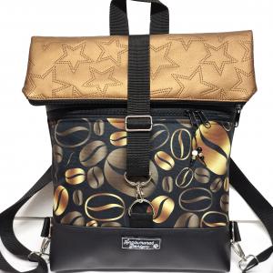 Roll Up Maxi dupla pántos hátizsák sok zsebbel - Kávészünet fekete és csillagosbronz alapon