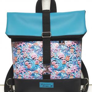 Roll Up Maxi dupla pántos hátizsák sok zsebbel - Origami virágok türkizzel