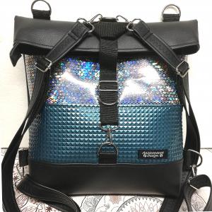 Rolltop univerzális táska hátizsák türkiz és szivárvány hologramos betéttel