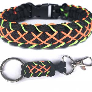 Simple Cobra X-style paracord karkötő kulcstartóval tukcsattal  fekete-neonnarancs-neonzöld (csuklóméret 19-20cm)