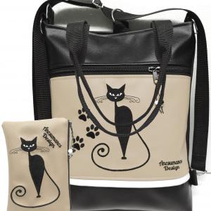 Szettben olcsóbb! Hímzett cicás tappancsos 4in1 hátizsák szett univerzális táska neszivel fekete-drapp