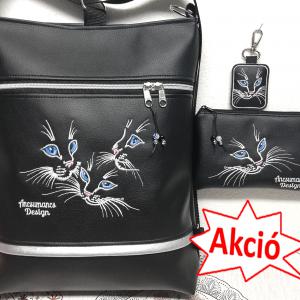 Szettben olcsóbb! Hímzett kékszemű cicák 3in1 hátizsák,pénztárca,kulcstartó szett