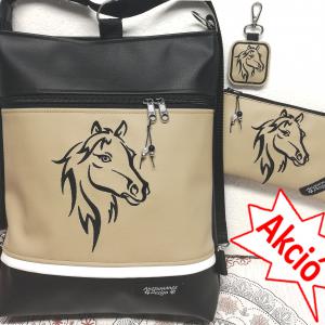 Szettben olcsóbb! Hímzett lovas 3in1 szett-táska-pénztárca-kulcstartó fekete-drapp