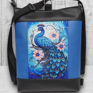 Színes páva paneles hátsó zsebes 3in1 textilbőr hátizsák oldaltáska fekete-kék