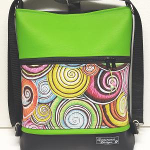 Színes spirálok fekete limezöld alapon 3in1 textilbőr hátizsák oldaltáska