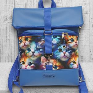 Szivárvány cicák kék alapon - Roll Up Maxi dupla pántos hátizsák sok zsebbel