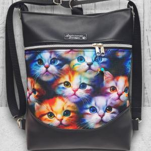 Szivárvány cicák Mosolyvonalas 3in1 textilbőr hátizsák oldaltáska Fekete alapon