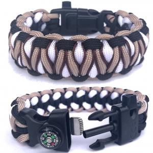 Taktikai túlélő paracord karkötő 3 funkciós csattal DRAGON EYE fekete-fehér-drapp-barna (csuklóméret 19-20cm)