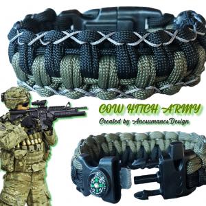 Taktikai túlélő paracord karkötő  biztonsági csattal COW HITCH ARMY fekete keki (csuklóméret 18-18,5cm)