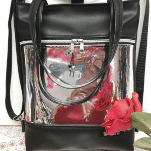 Tükör bőrrel díszített 4in1 hátizsák univerzális táska textilbőr kézifülekkel