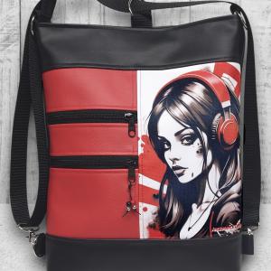 Vagány csajos 3in1 textilbőr hátizsák oldaltáska felemás fekete-piros Lány fülhallgatóval